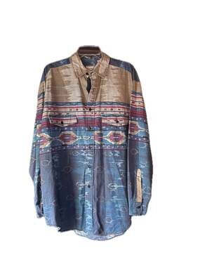 Western Plains Southwestern Aztec Print Long Sleeve Shirt Blue Tan Pink Large